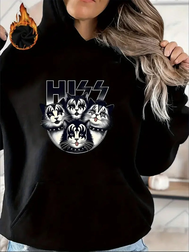 Cat Graphic Kangaroo Pocket Hoodie, Casual Long Sleeve Pullover