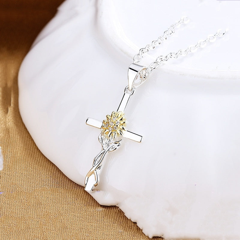 Cross Gold and Silver Two-color Sunflower Flower Hanging Pendant Necklace