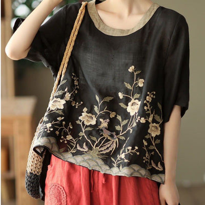 Art Retro Embroidery Round Neck Pullover