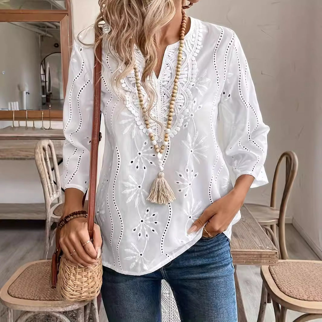 Loose V-Neck Embroidered Lace Top with Bell Sleeves