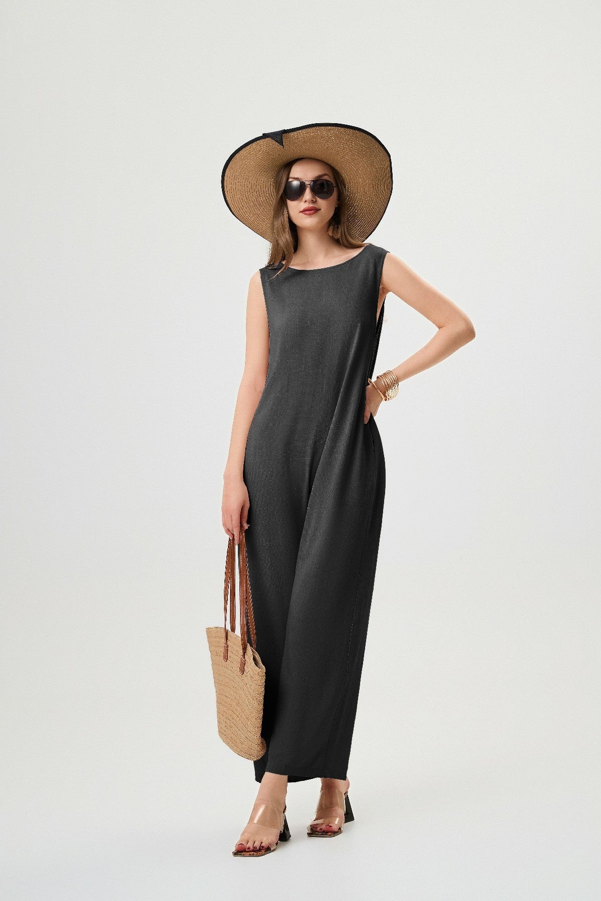 Women's Linen Jumpsuit - Comfortable And Breathable, Elastic Back With Classic H-Line Design And Pockets