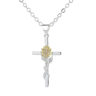 Cross Gold and Silver Two-color Sunflower Flower Hanging Pendant Necklace