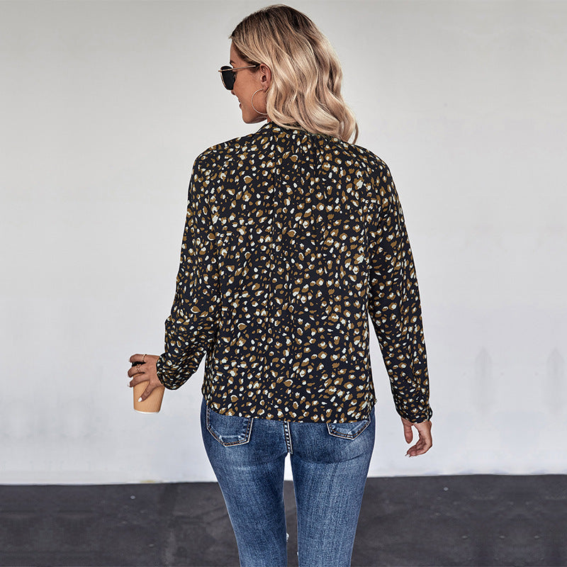 Shirt Pullover Long Sleeve Bow Collar Printed