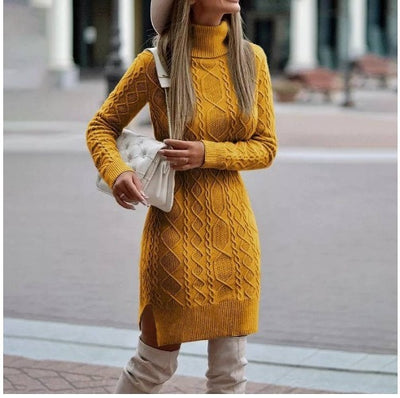 Fashion Turtleneck Knitted Dress with Slit Design