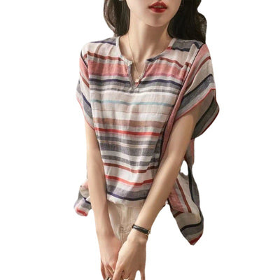 New Striped Women's Short Sleeve Loose Shirt