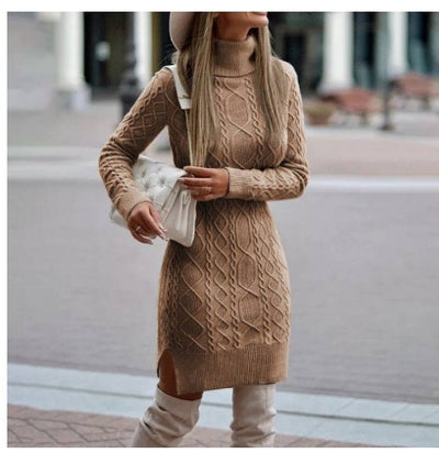 Fashion Turtleneck Knitted Dress with Slit Design