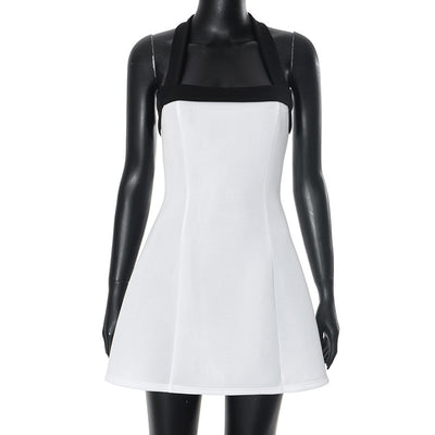 Sexy Black Halter Off Shoulder White Mini Dress