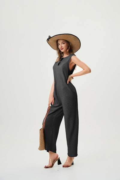 Women's Linen Jumpsuit - Comfortable And Breathable, Elastic Back With Classic H-Line Design And Pockets