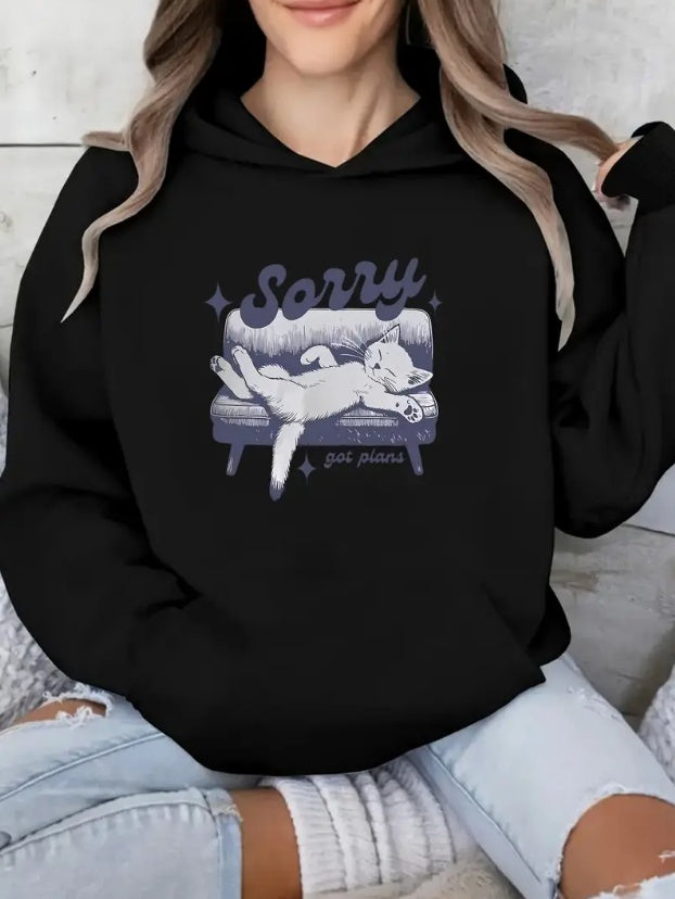 Whimsy Cat Women Casual Long Sleeve Hoodie With Kangaroo Pocket