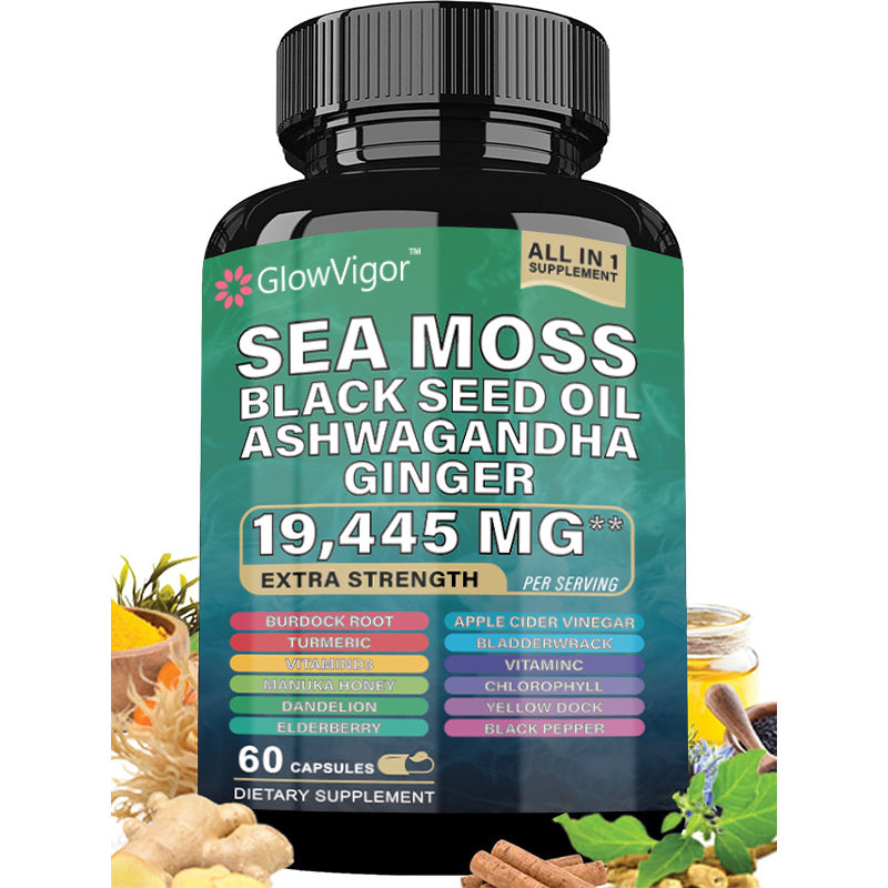 Sea Moss 7000mg Black Seed Oil 4000mg Ashwagandha 2000mg Turmeric 2000mg Bladderwrack 2000mg Burdock 2000mg & Ginger Vitamin C Vitamin D3