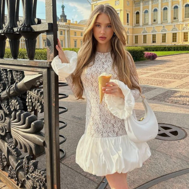 Women's Fashion Long Sleeve See-through Lace Dress