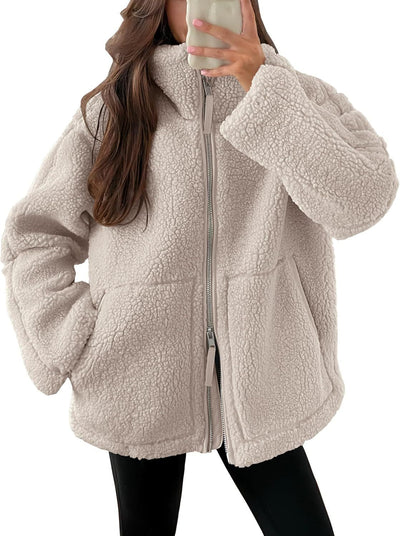 Winter Lapel Casual Fashion Solid Fleece Zip-up Coat with Pockets