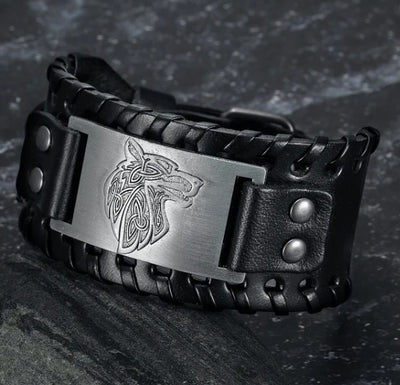 Asgard Crafted Leather Buckle Arm Cuff with Fenrir Design