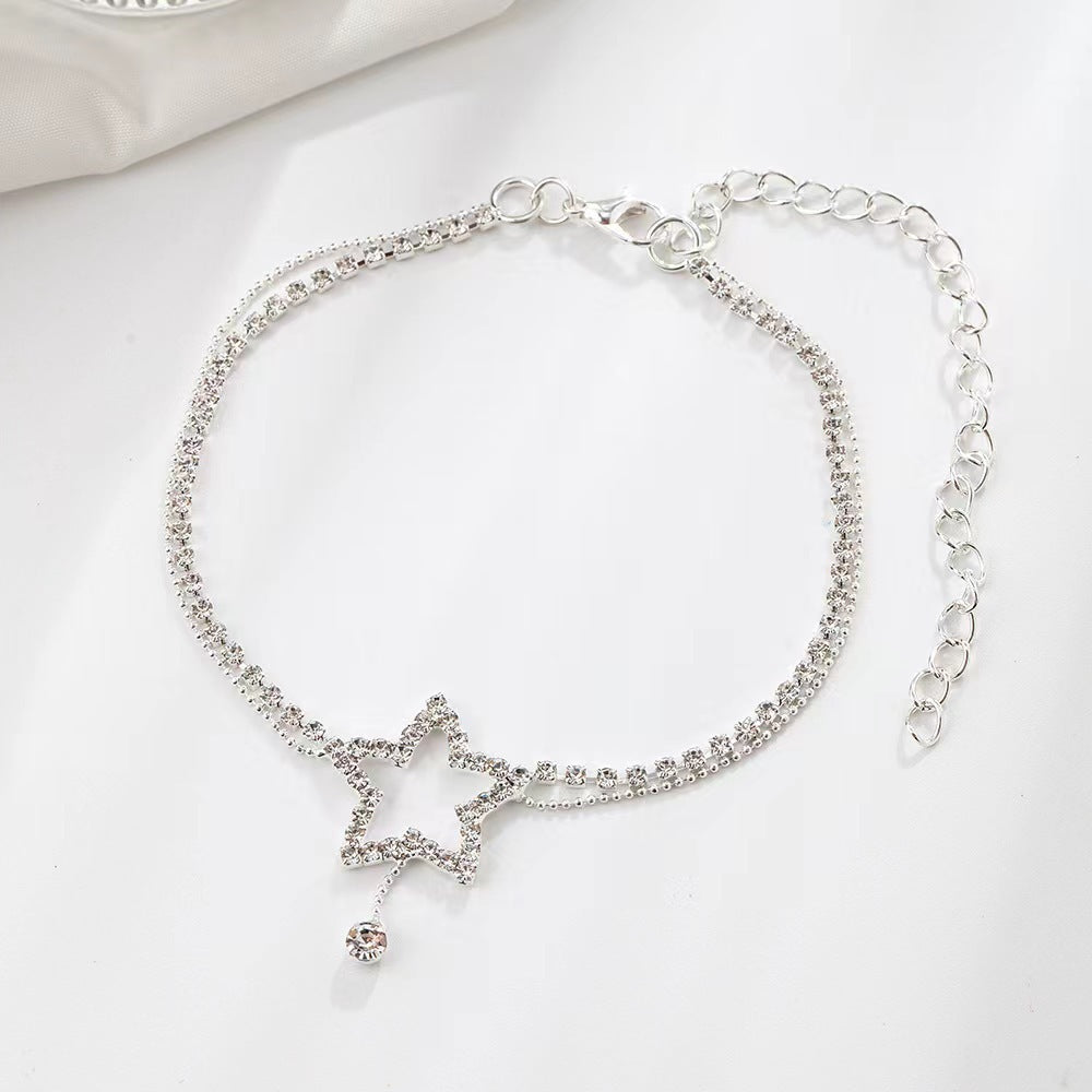 Women's Fashion Personality Five-pointed Star Heart Shape Rhinestone Bead Anklet