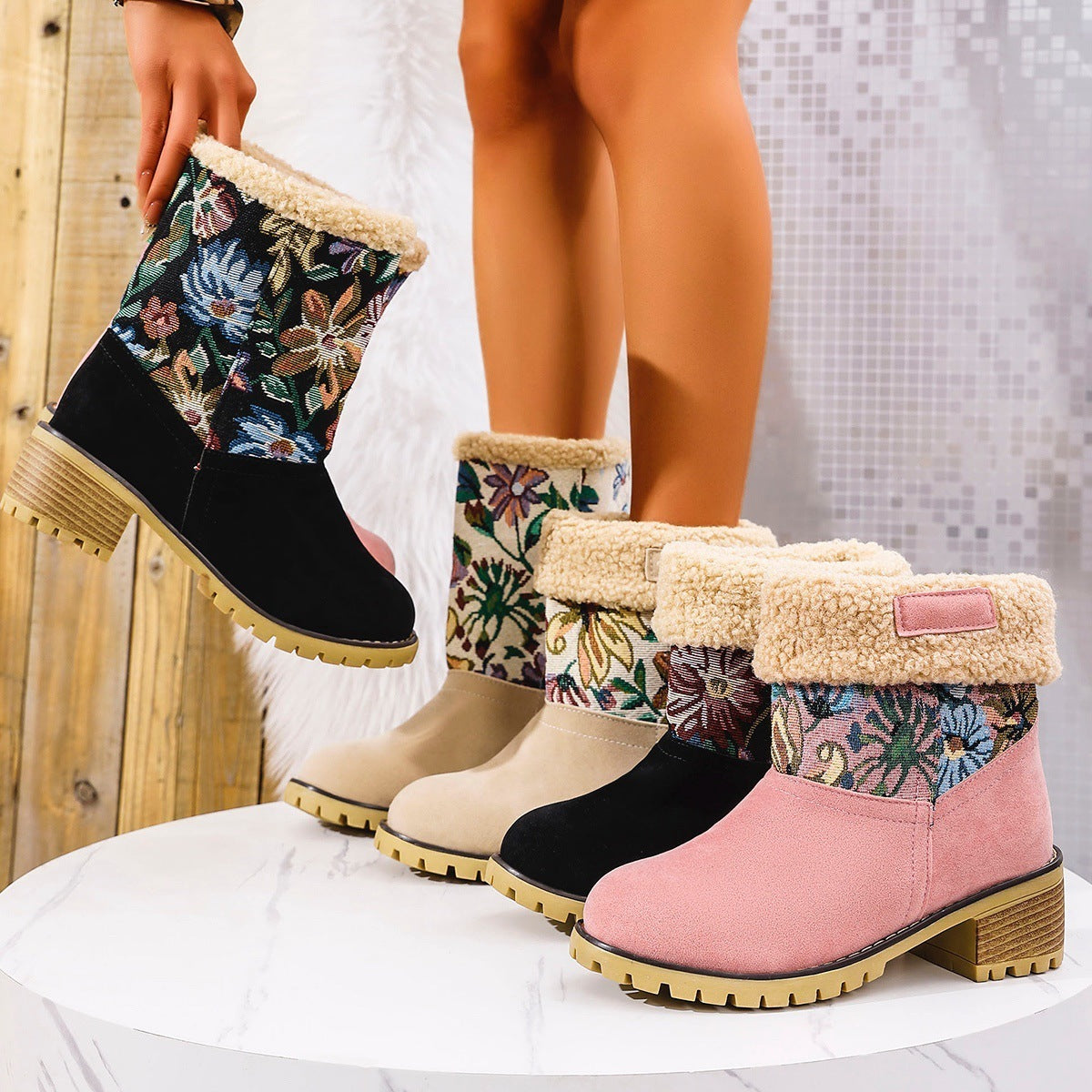 Flowers Embroidered Snow Boots Ethnic Style Platform Thick Square Heel