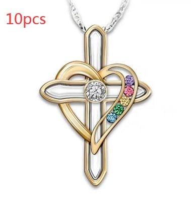 Cross Love Colorful Imitation Gemstone Pendant Alloy Clavicle Chain