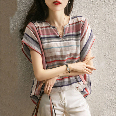 New Striped Women's Short Sleeve Loose Shirt