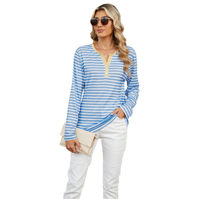 Women's V-neck Striped Loose Long-sleeved T-shirt