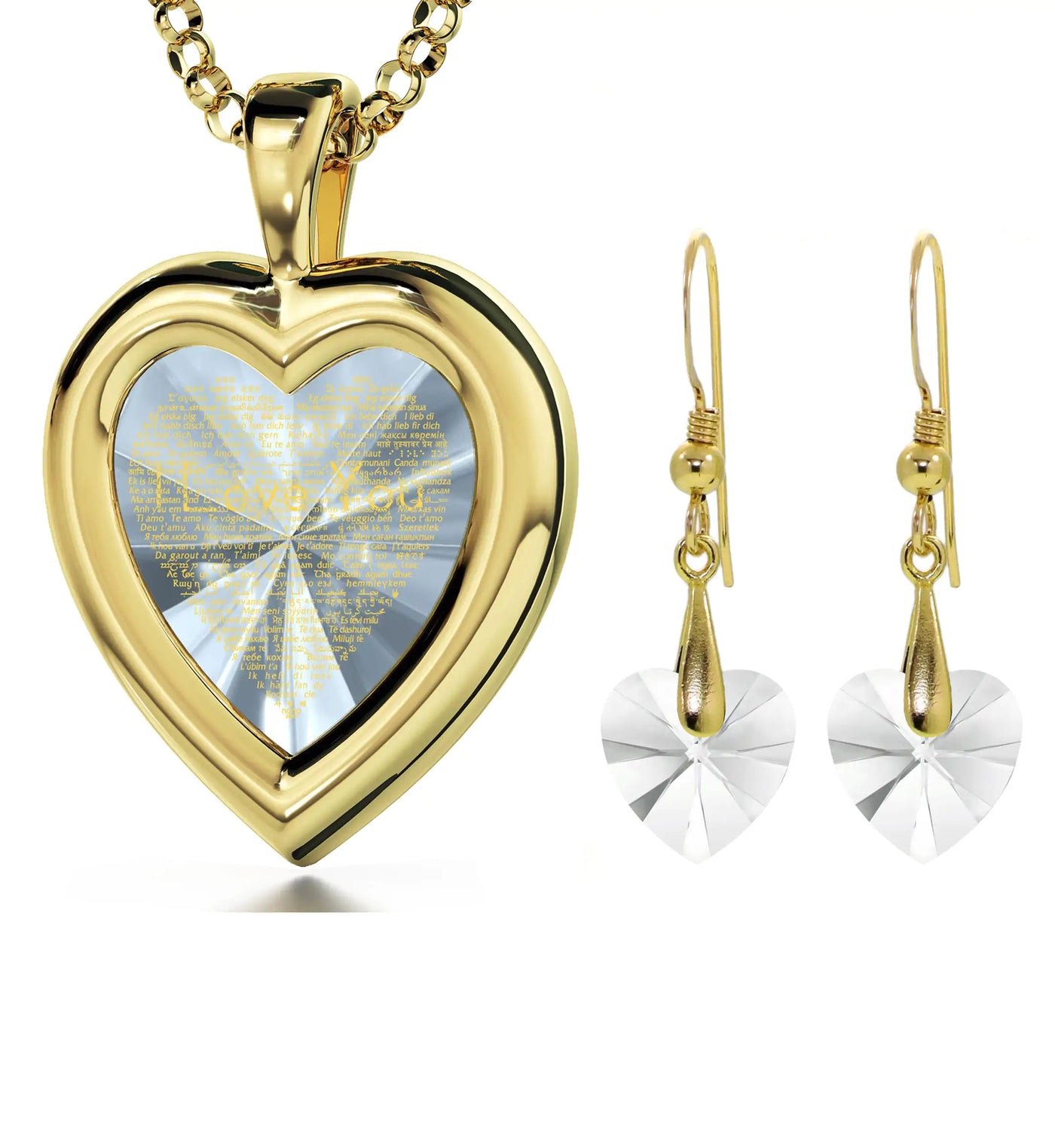 Gold Plated Silver Heart Jewelry Set Necklace and Crystal Earrings