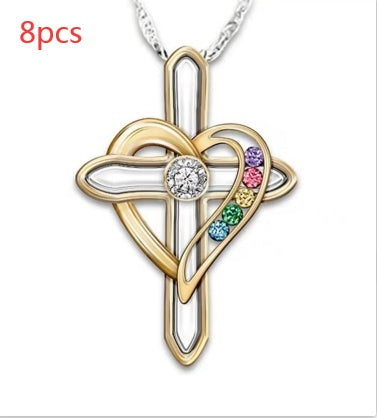 Cross Love Colorful Imitation Gemstone Pendant Alloy Clavicle Chain