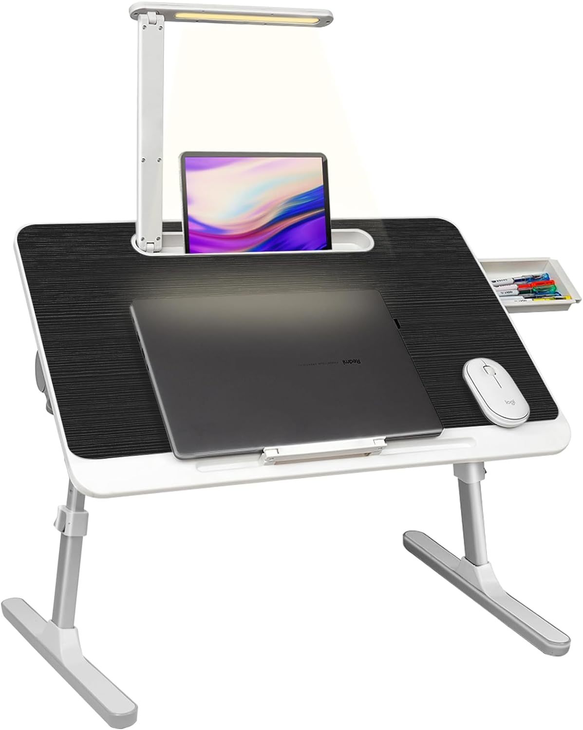 Laptop Desk with LED Light and Drawer, Adjustable Stand for Bed, Sofa, Study, Reading