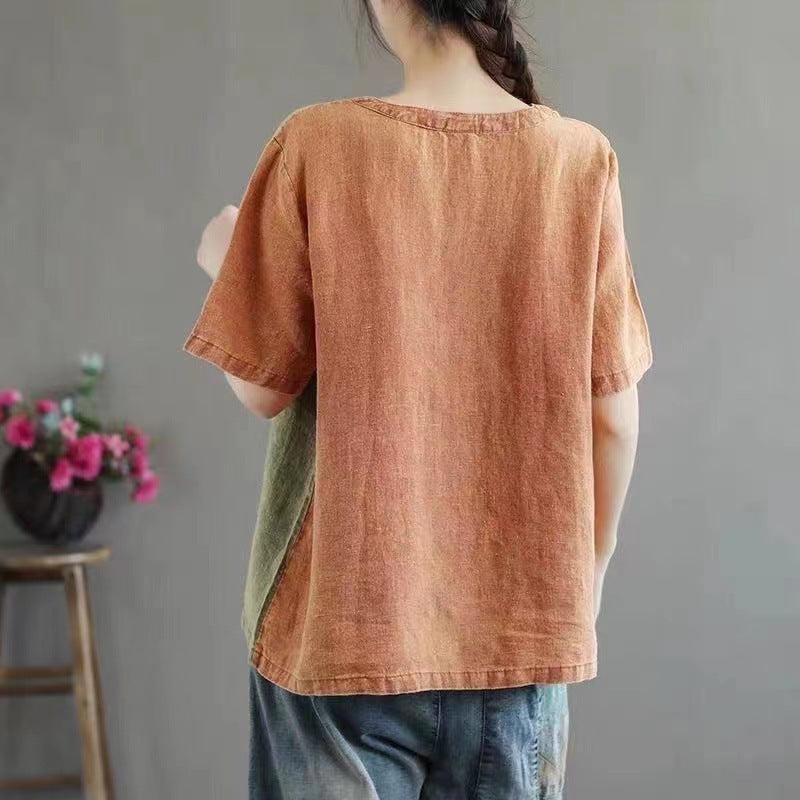 Cotton Linen Contrast Color T-shirt Artistic Design