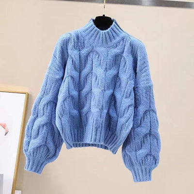 Half-high Collar Long Sleeve Pullover Sweater Loose Puff Sleeve Knitted Top