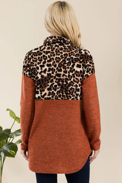 Celeste Full Size Curved Hem Leopard Turtleneck Long Sleeve Blouse