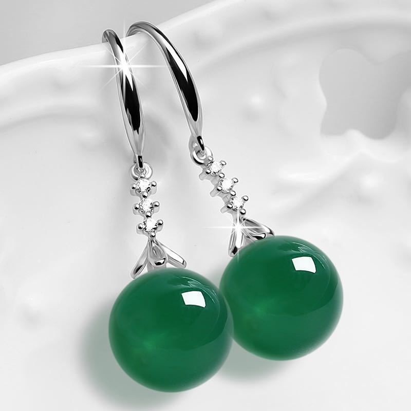 Elegant Silvering Earrings Chalcedony Green Agate