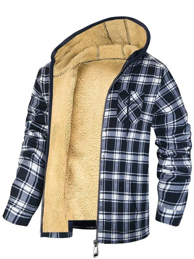 Men's Plaid Print Hooded Zip-Up Cotton-padded Winter Jacket