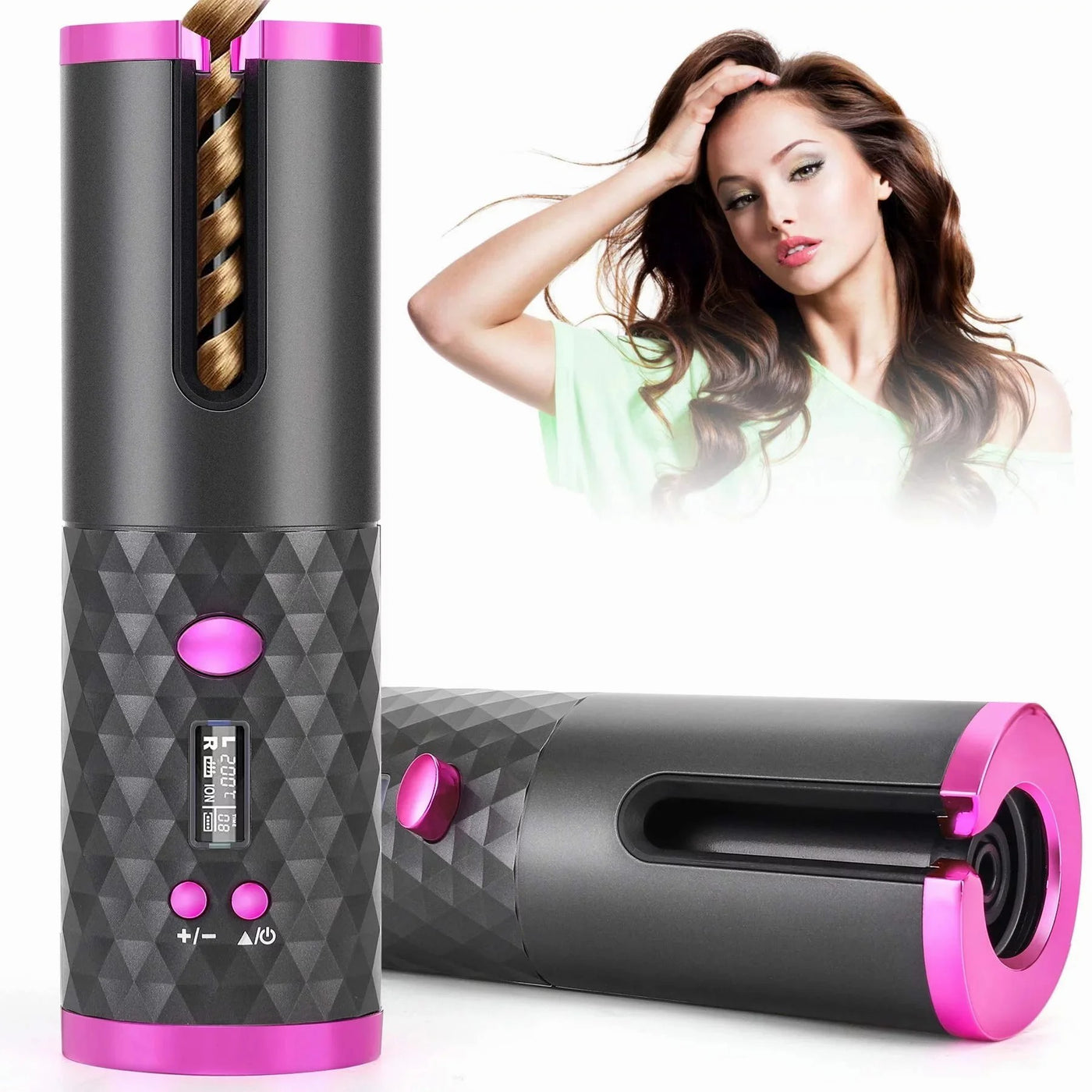 Portable Automatic Hair Curler, Ceramic Rotating Wireless Auto Curling Iron Wand