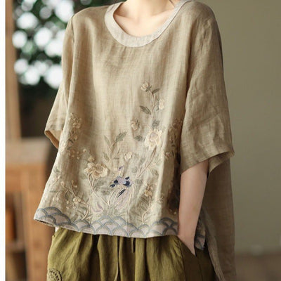 Art Retro Embroidery Round Neck Pullover