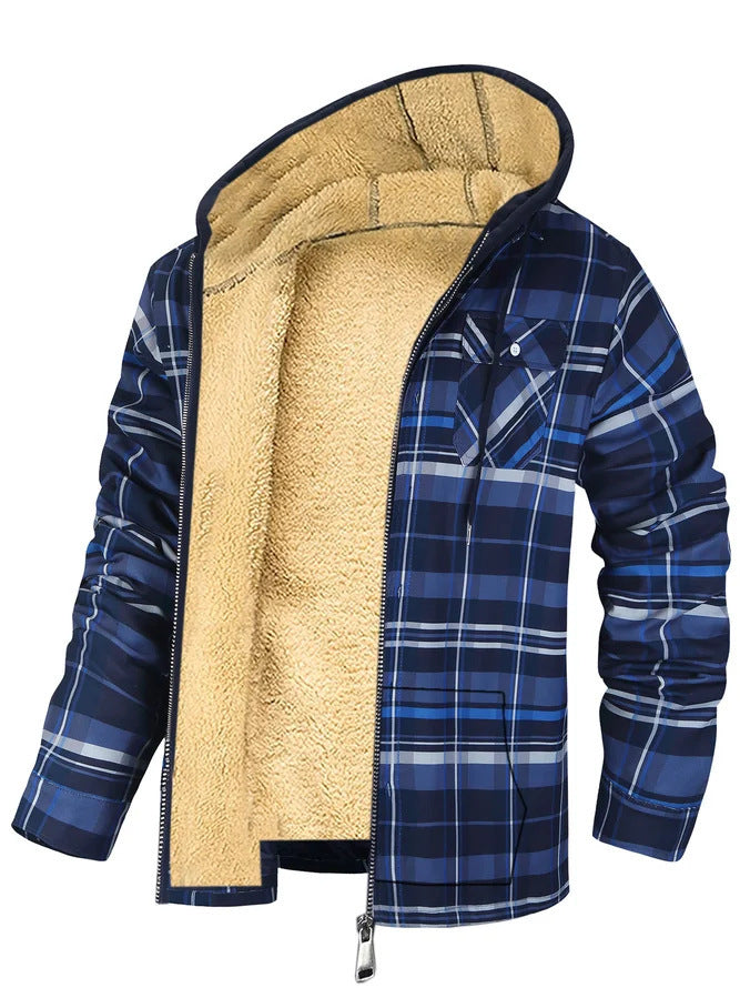 Men's Plaid Print Hooded Zip-Up Cotton-padded Winter Jacket