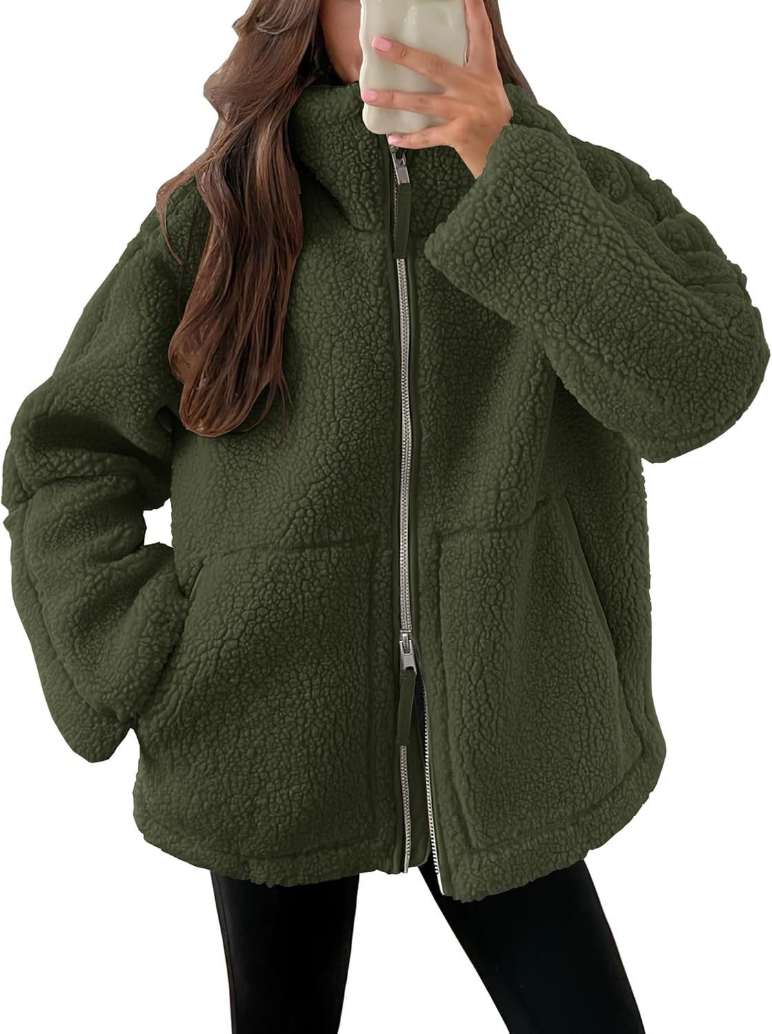 Winter Lapel Casual Fashion Solid Fleece Zip-up Coat with Pockets