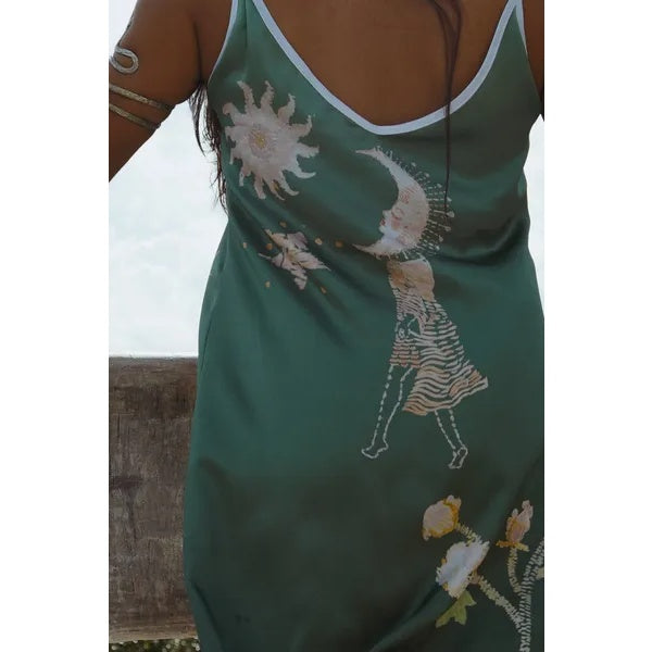 Silk Slip Dress In Green Jungle Butterfly