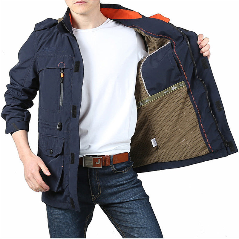 Cross-border Jacket Men's Mid-length Casual Outdoor Hooded Plus Size Jacket