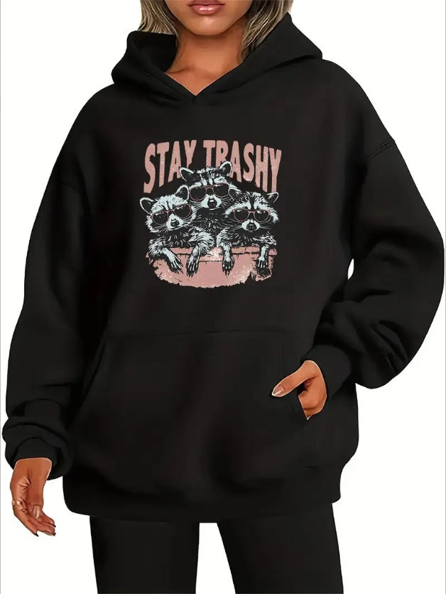 Cozy Women's Long Sleeve Hoodie with Raccoon Print & Kangaroo Pocket - Machine Washable