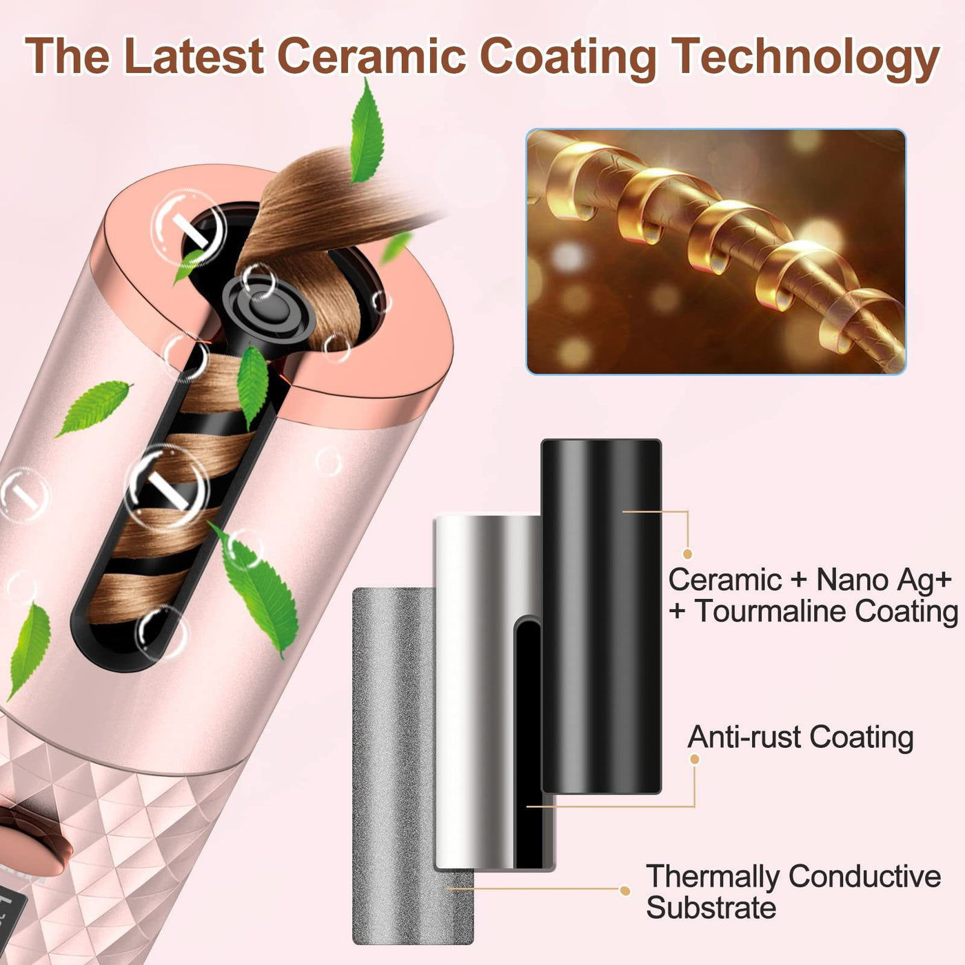 Portable Automatic Hair Curler, Ceramic Rotating Wireless Auto Curling Iron Wand