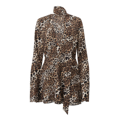 Fashion Women's Wear Vintage Leopard Print Deep V Dress