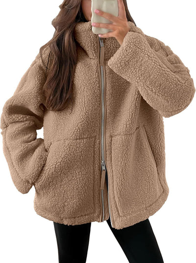 Winter Lapel Casual Fashion Solid Fleece Zip-up Coat with Pockets