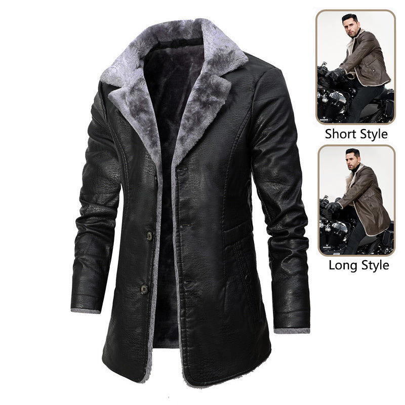 Plush Lapel Leather Single-breasted Winter Coat for Men