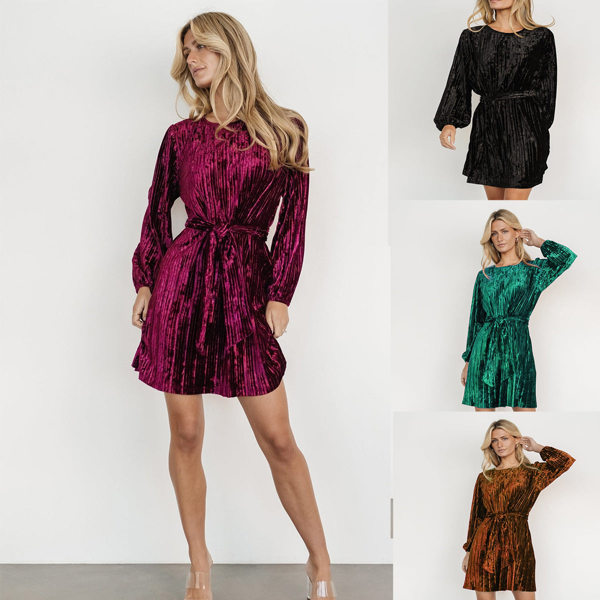 Women's Loose Knee-length Velvet Long Sleeve Dress