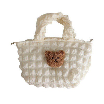 Plush Three-dimensional Teddy Bear Head Puffer Plaid Handbag