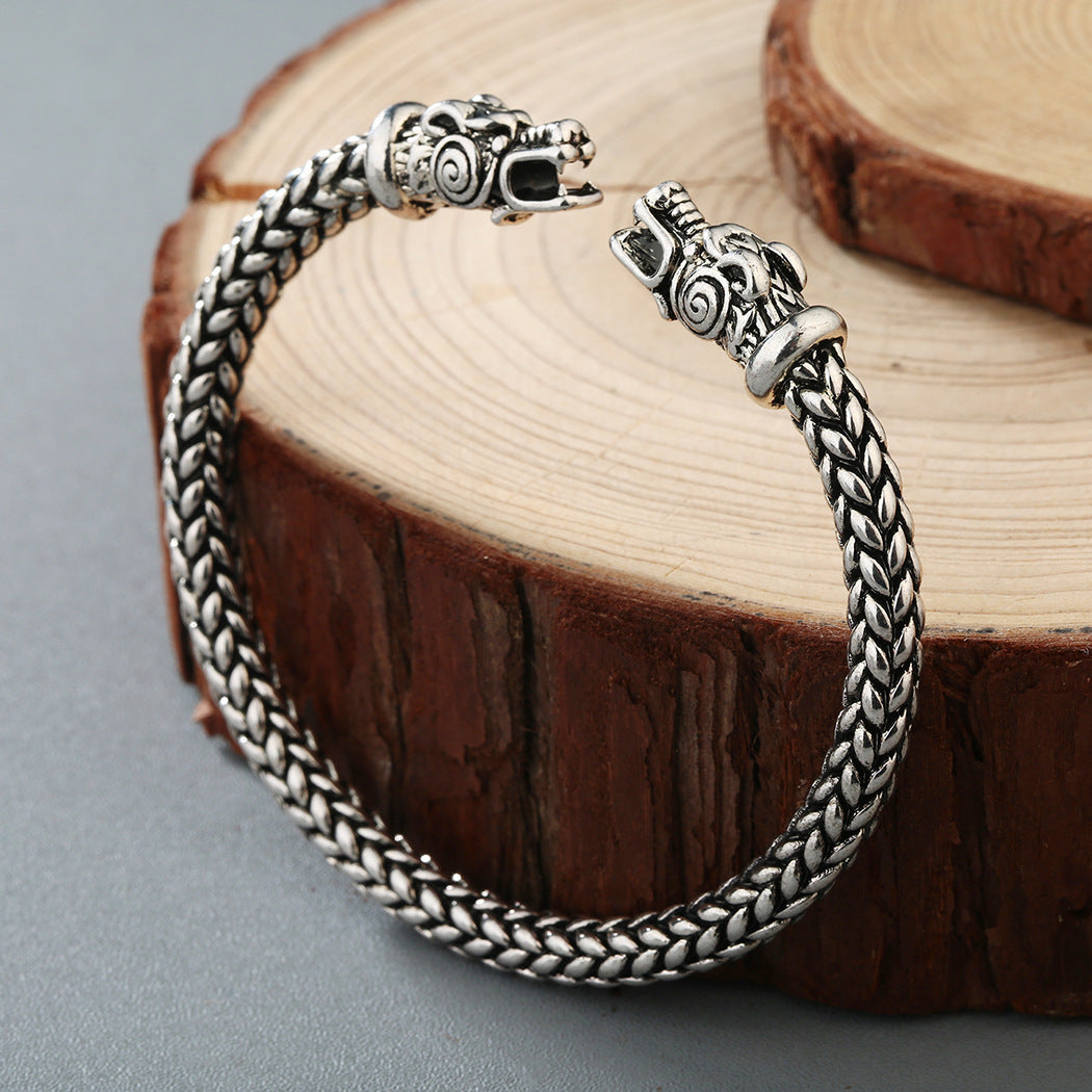 Handcrafted Stainless Steel Grey Wolf Head Bracelet