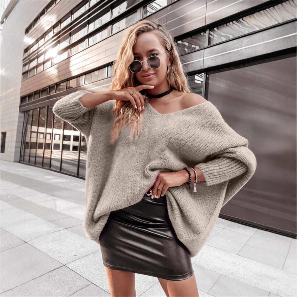 New Loose V-neck Off-shoulder Knitted Casual Top