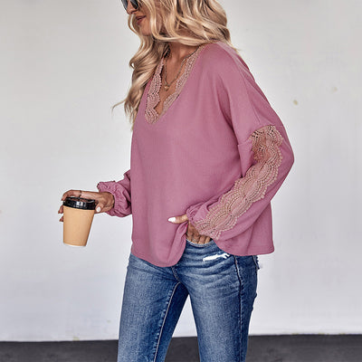 Women's Lace V-neck Long Sleeve Top