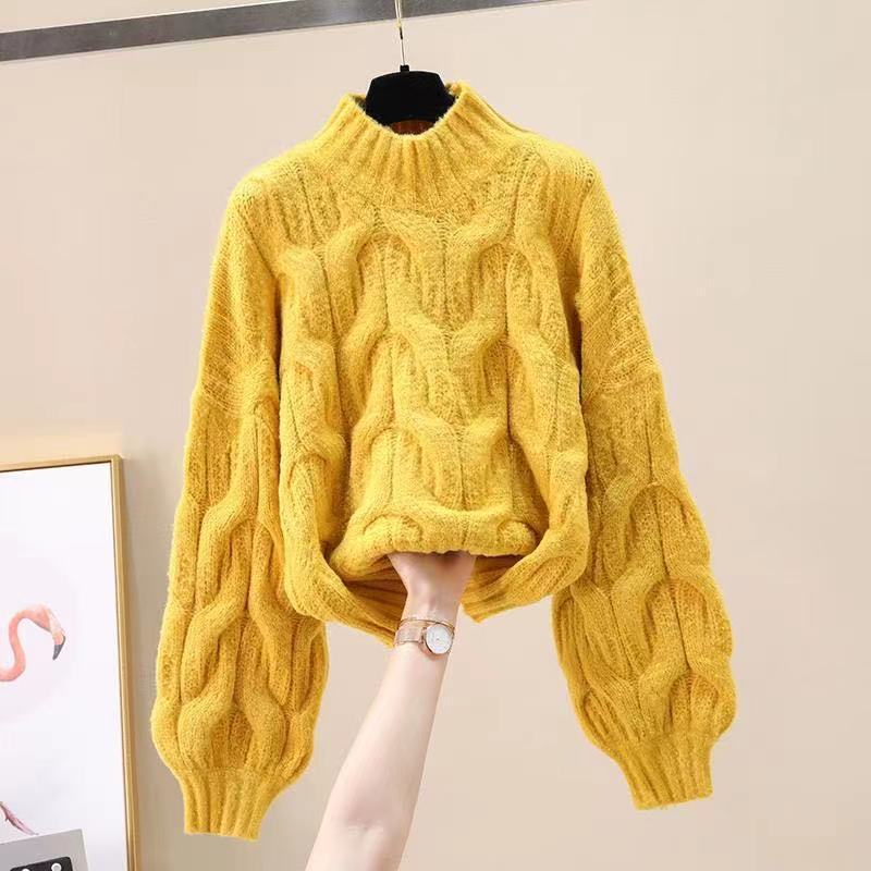 Half-high Collar Long Sleeve Pullover Sweater Loose Puff Sleeve Knitted Top