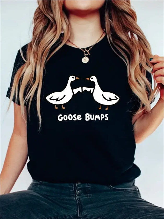 Goose Bumps Graphic Print Solid T-Shirt, Crew Neck Short Sleeve Casual Top for Summer & Spring