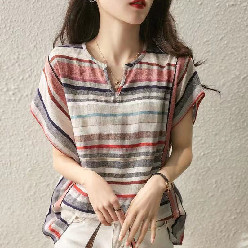 New Striped Women's Short Sleeve Loose Shirt