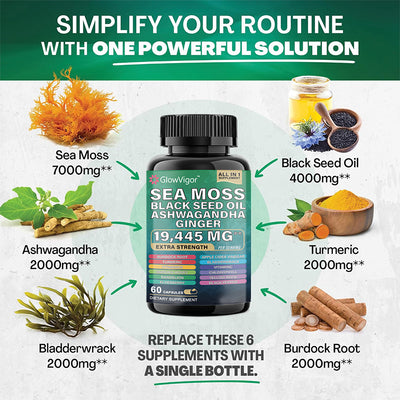 Sea Moss 7000mg Black Seed Oil 4000mg Ashwagandha 2000mg Turmeric 2000mg Bladderwrack 2000mg Burdock 2000mg & Ginger Vitamin C Vitamin D3